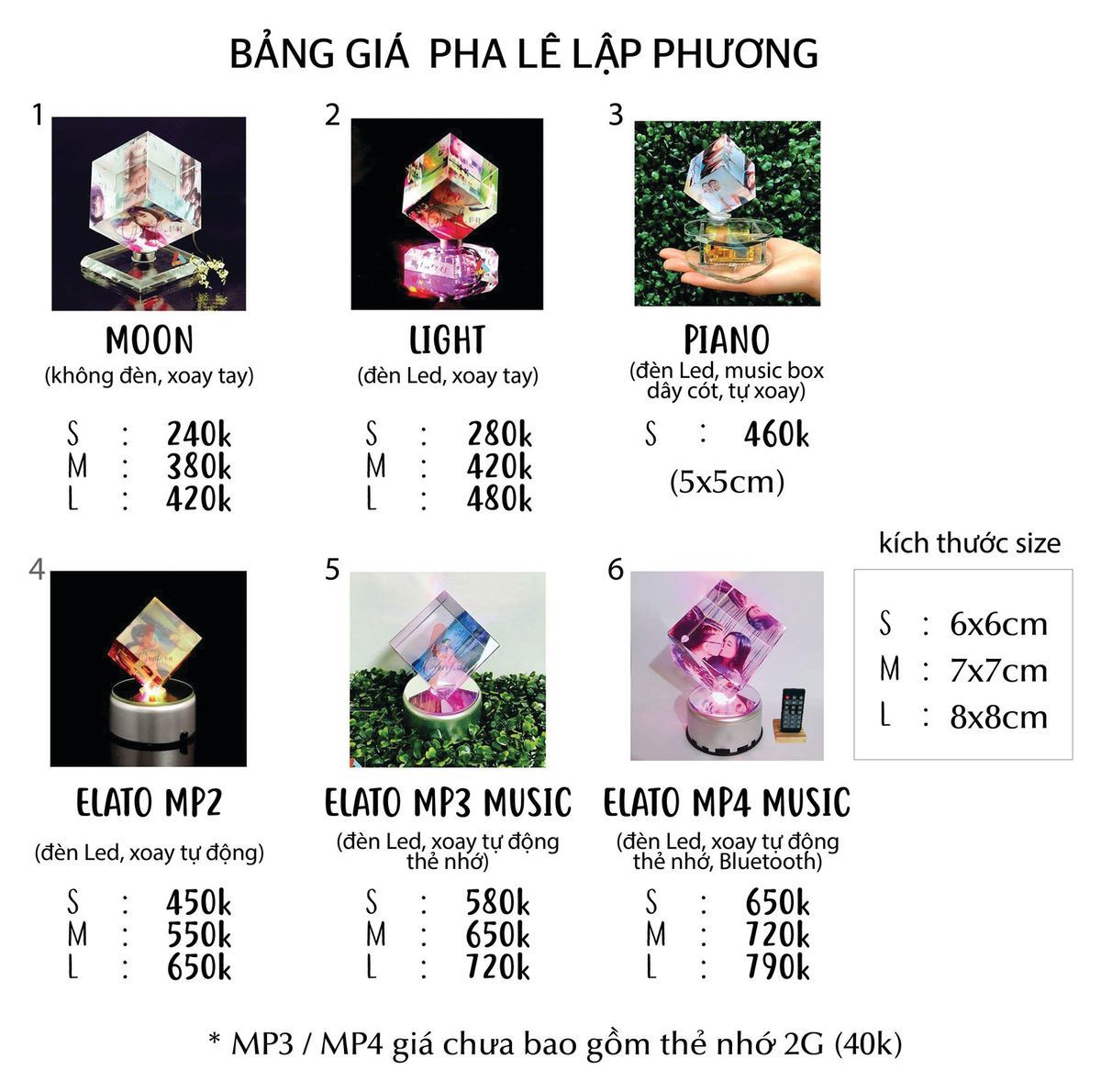 quà tặng kỷ niệm ngày cưới - bảng giá pha lê lập phương in hình